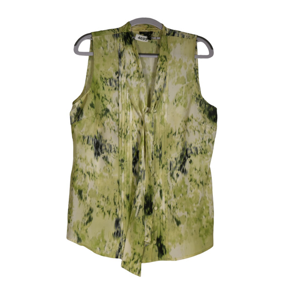 Ann Taylor Blouse Womens 8 Green Watercolor Tank 100% Silk Bow Pintuck Pleats - Picture 1 of 9